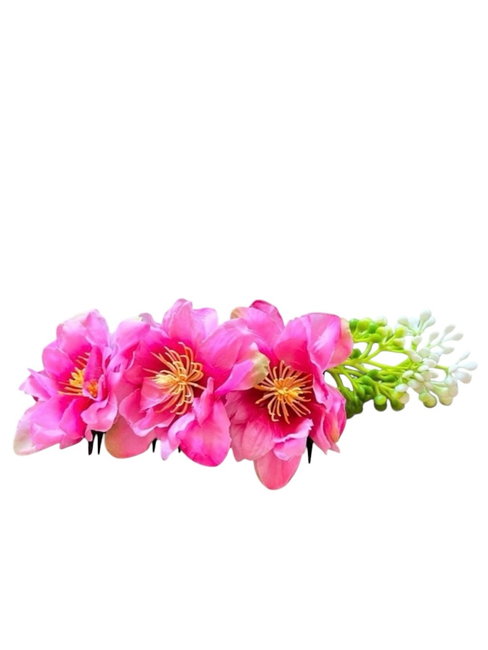 Hot Pink Barbiecore Floral White Wild Flower Spray Hawaiian Tiki 6" Hair Comb